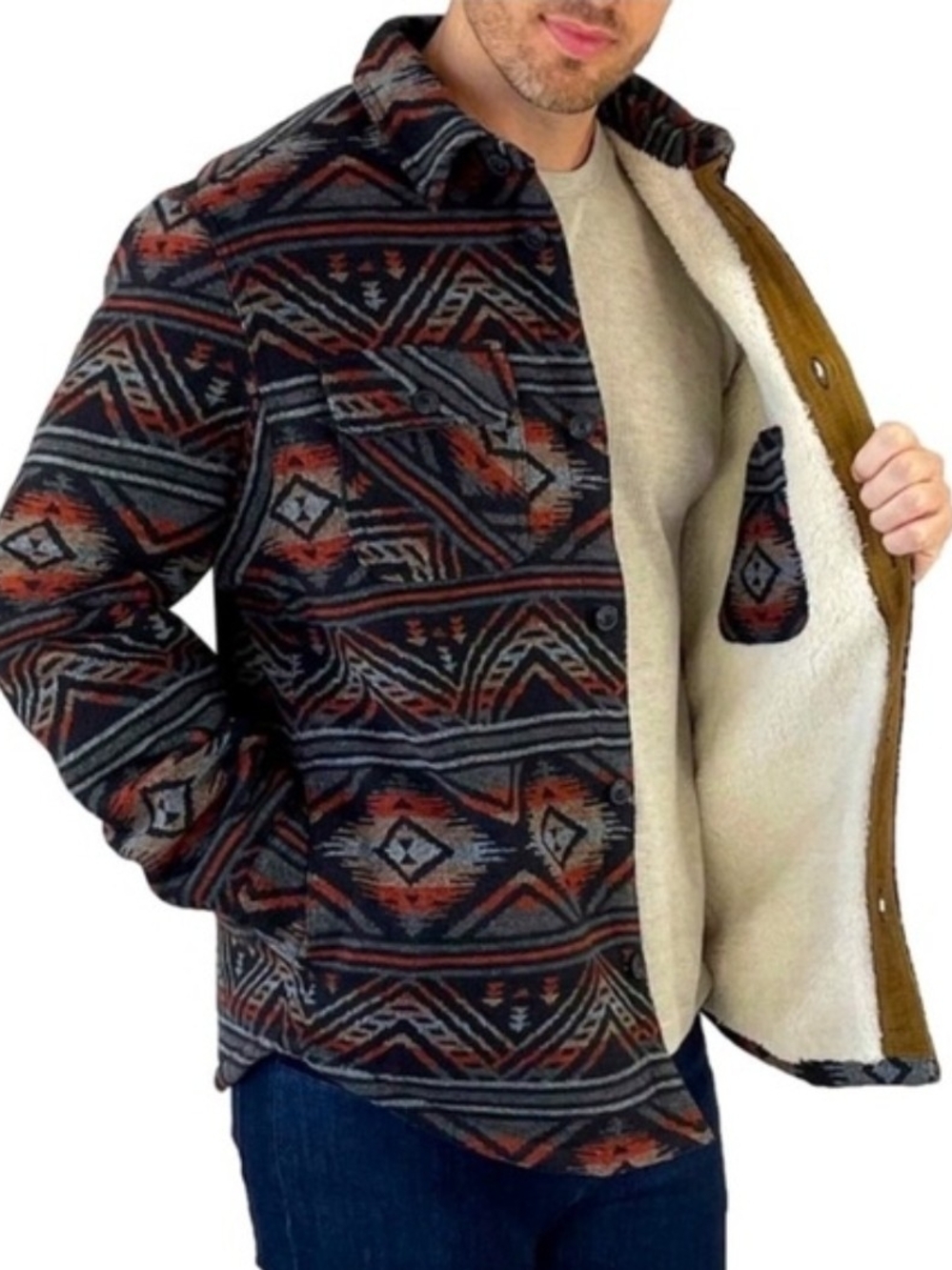 Jachs Mens Aztec Southwest Wool Blend Sherpa Fleece Lined Shirt Jacket M